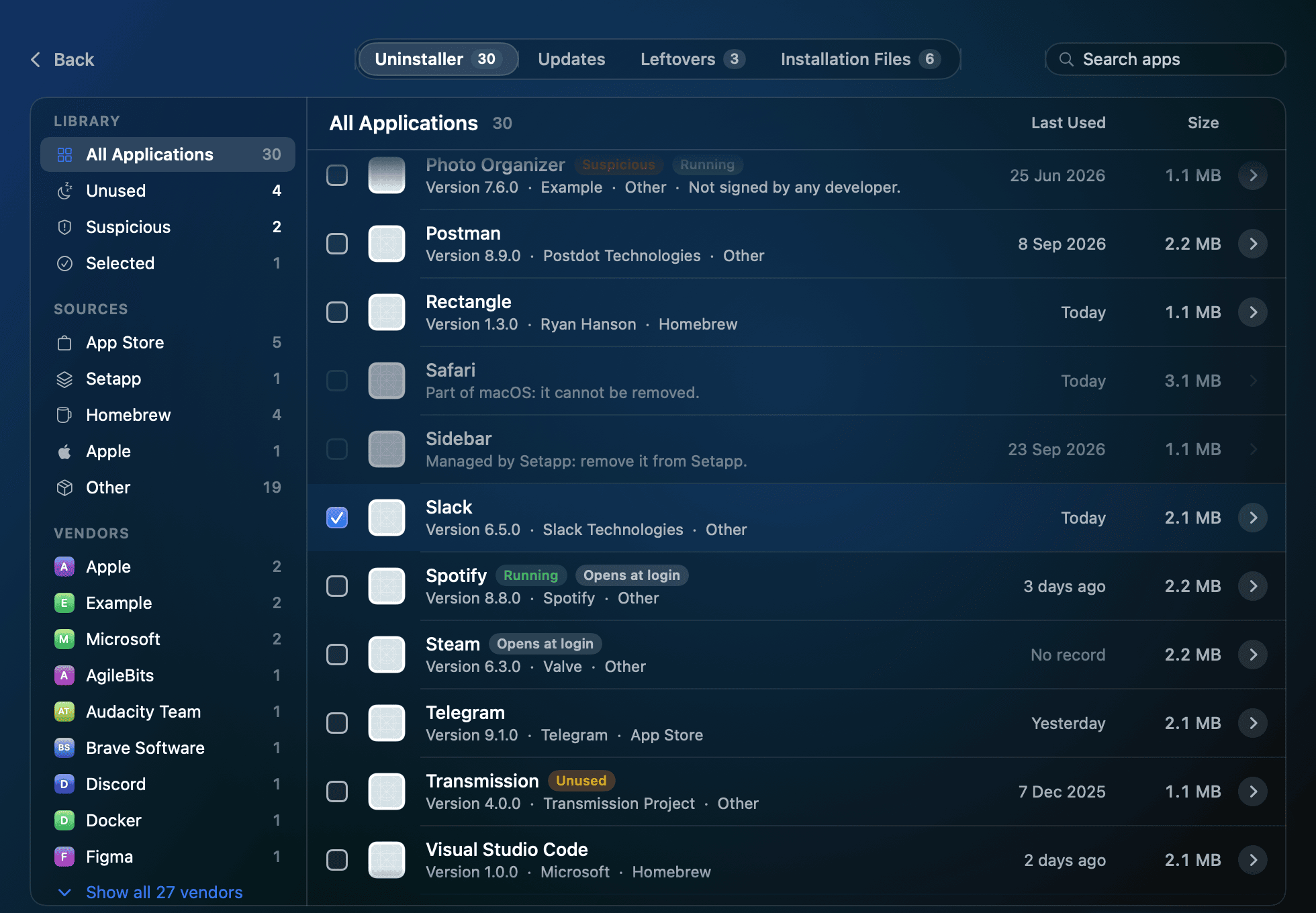 Applications: installed apps with filters by source and vendor, each with its version, last use and size, and flags for unused, suspicious or running apps.