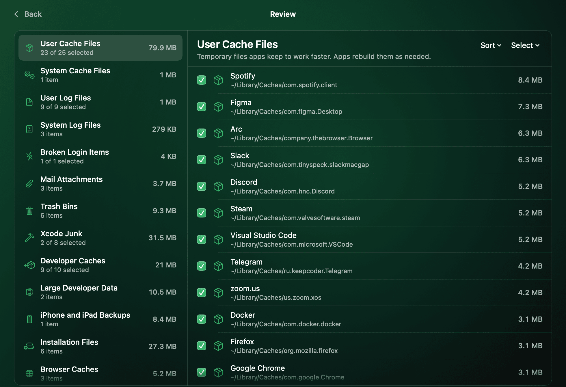 Cleanup's review list: categories with sizes on the left, and the items in User Cache Files with their checkboxes and sizes on the right.