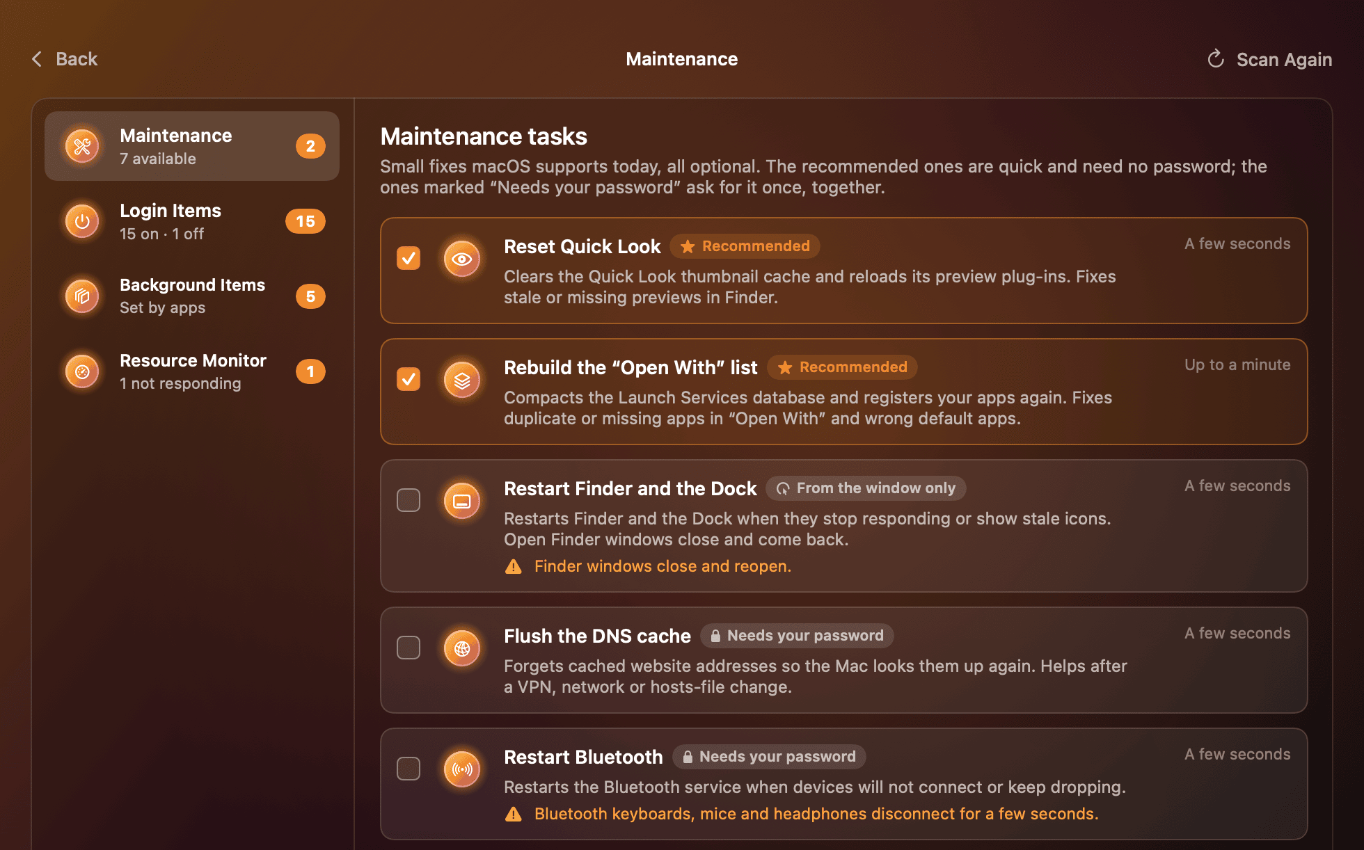Performance: maintenance tasks, each with what it fixes and how long it takes; the two quick ones are recommended and ticked, the ones that need a password say so, and the ones that interrupt something carry a warning. Login Items, Background Items and the Resource Monitor sit beside them.