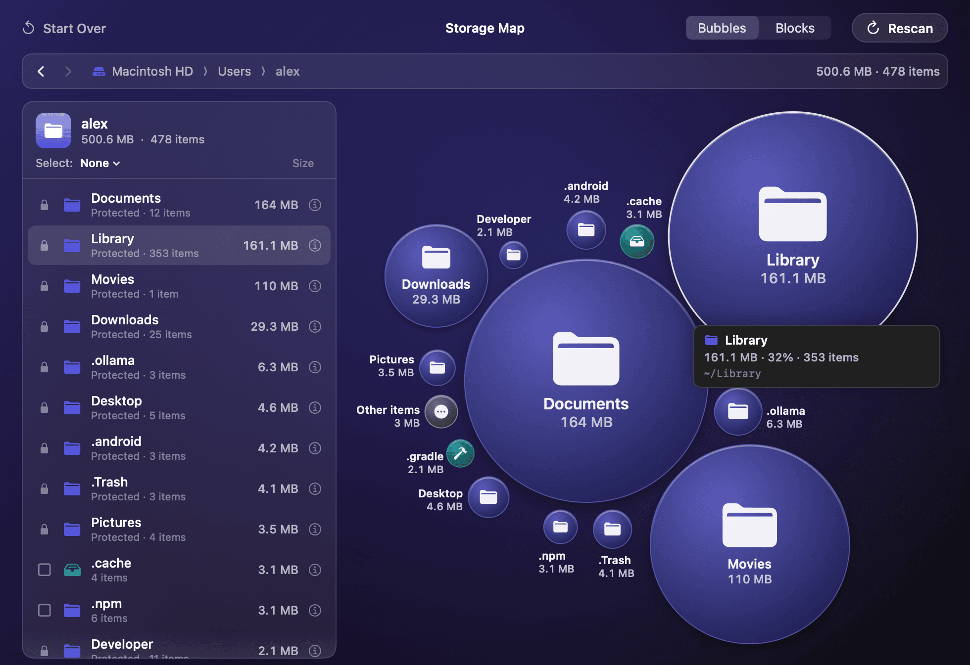 Storage Map inside a home folder: bubbles sized by the space each folder takes, a tooltip on Library, and the same folders listed with their sizes beside it.